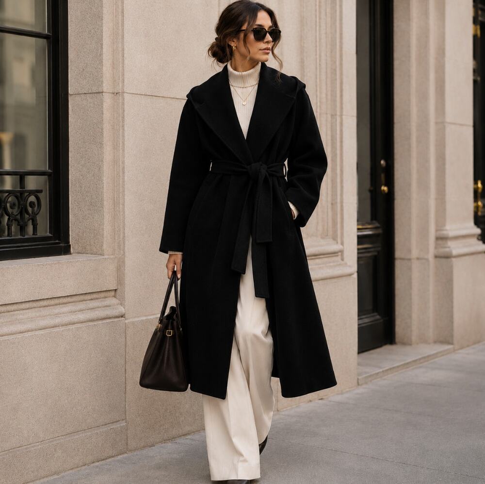 CALVIN KLEIN Wool Blend Wrap Coat Black Sz L NWT $599
